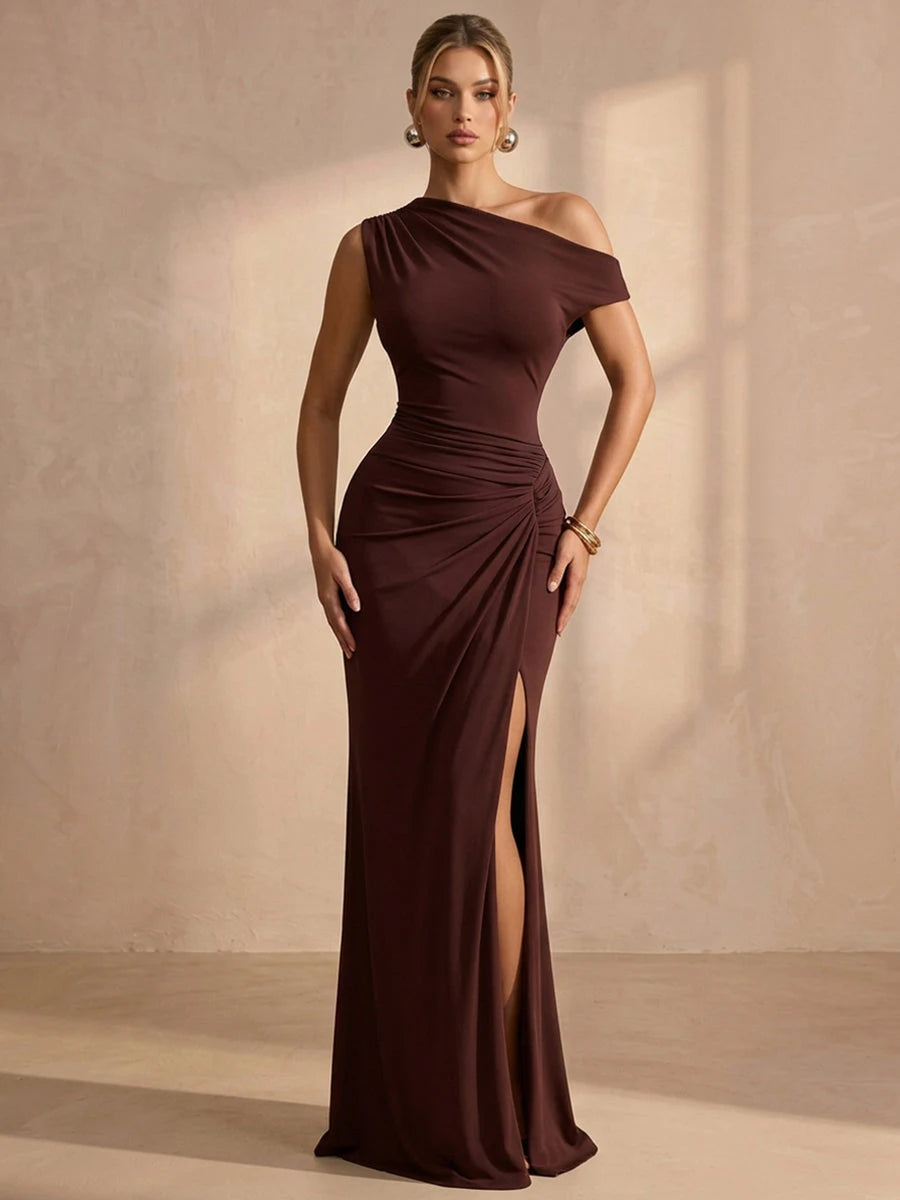 Elegant Fitted One-Shoulder Sleeveless Ruched Slit Brown Long Prom Dresses Women