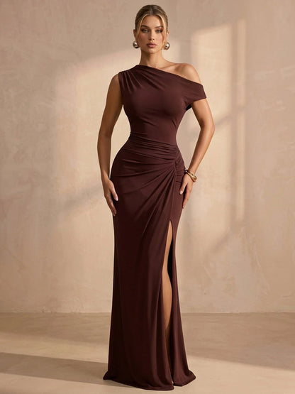 Elegant Fitted One-Shoulder Sleeveless Ruched Slit Brown Long Prom Dresses Women
