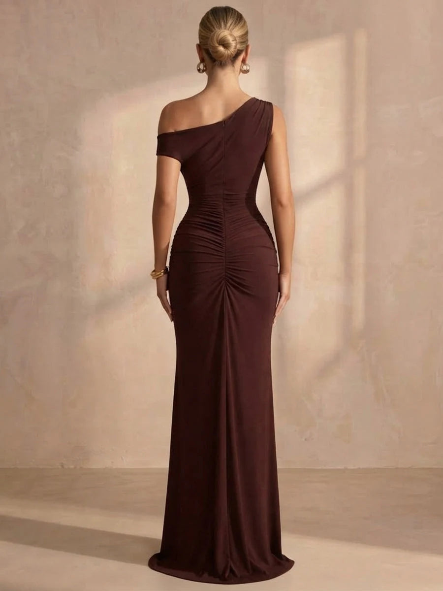 Elegant Fitted One-Shoulder Sleeveless Ruched Slit Brown Long Prom Dresses Women