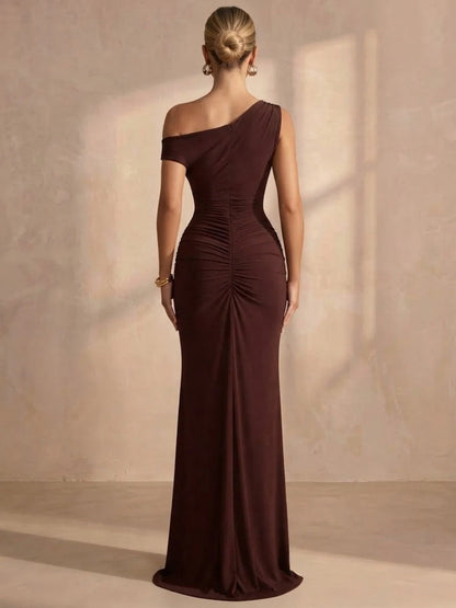 Elegant Fitted One-Shoulder Sleeveless Ruched Slit Brown Long Prom Dresses Women