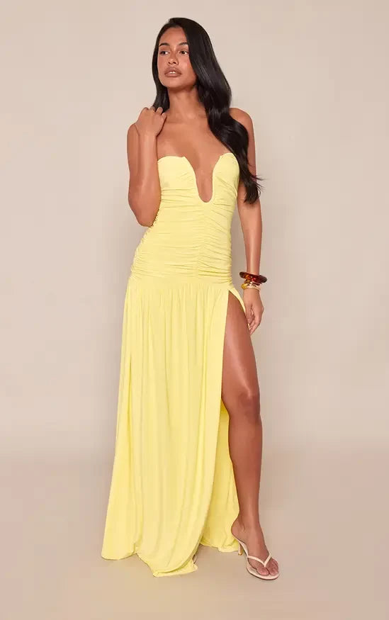 Elegant Fitted Plunging Sleeveless Ruched Slit Yellow Maxi Evening Dresses Women