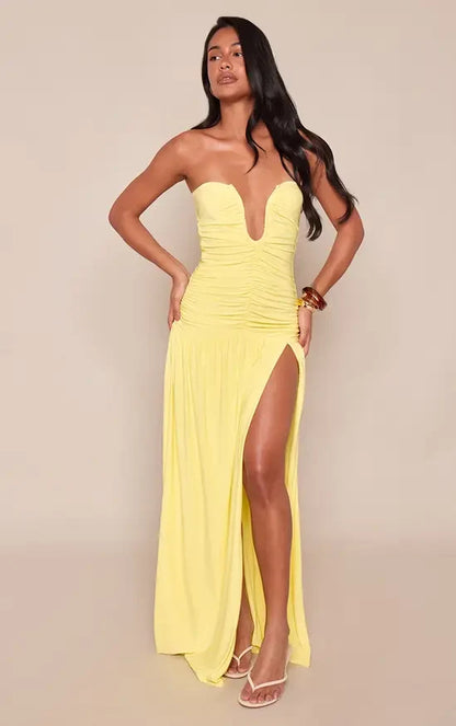 Elegant Fitted Plunging Sleeveless Ruched Slit Yellow Maxi Evening Dresses Women