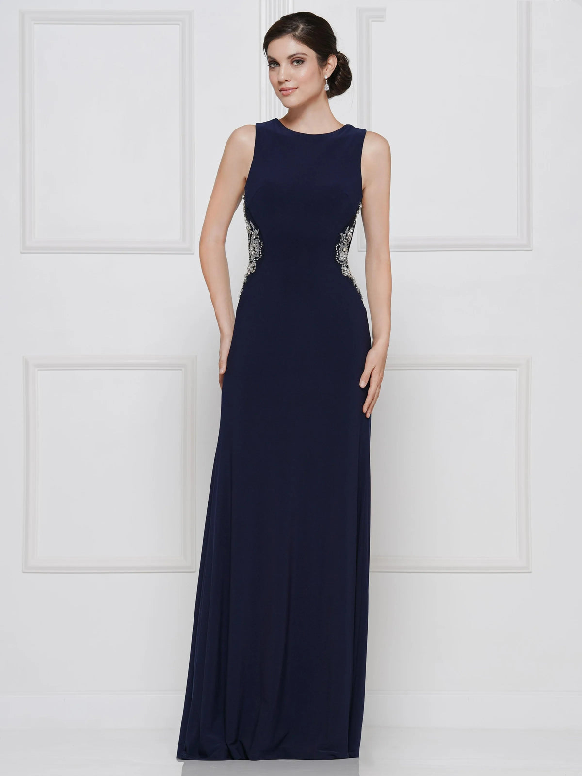 Elegant Fitted Sleeveless Embellished Navy Blue Floor-Length Mother of the Bride Gown