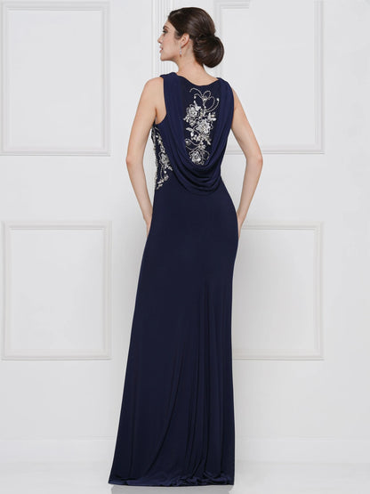 Elegant Fitted Sleeveless Embellished Navy Blue Floor-Length Mother of the Bride Gown