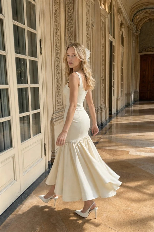 Elegant Fitted Square Neck Sleeveless Ruffle Cream Midi Prom Dress Women's