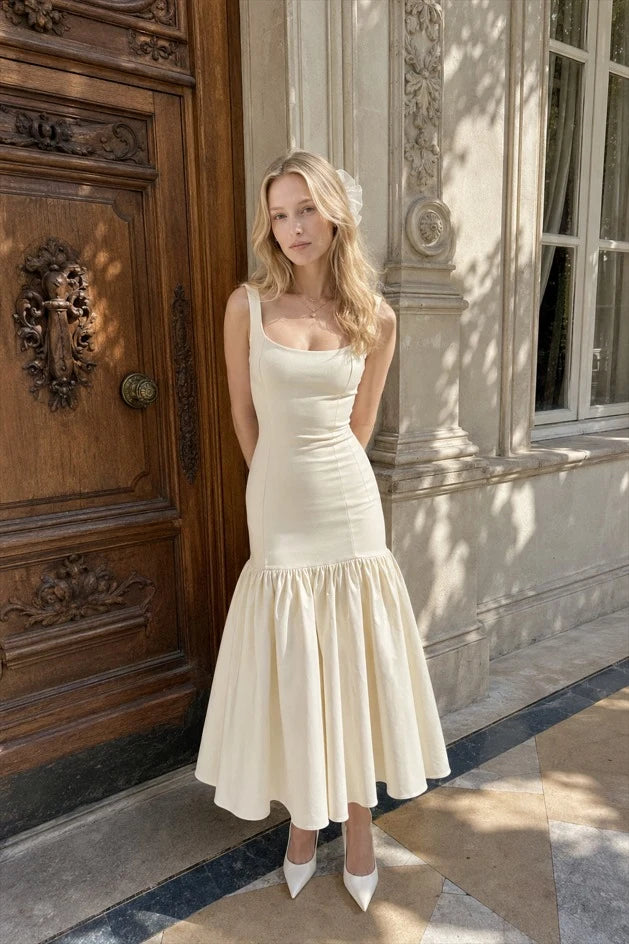 Elegant Fitted Square Neck Sleeveless Ruffle Cream Midi Prom Dress Women's