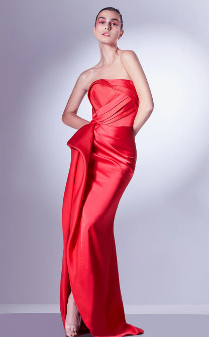 Elegant Fitted Strapless Sleeveless Draped Pleated Red Floor-Length Women's Evening Gown