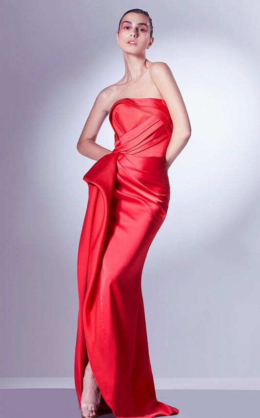 Elegant Fitted Strapless Sleeveless Draped Pleated Red Floor-Length Women's Evening Gown