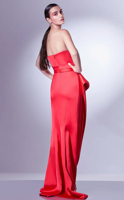 Elegant Fitted Strapless Sleeveless Draped Pleated Red Floor-Length Women's Evening Gown