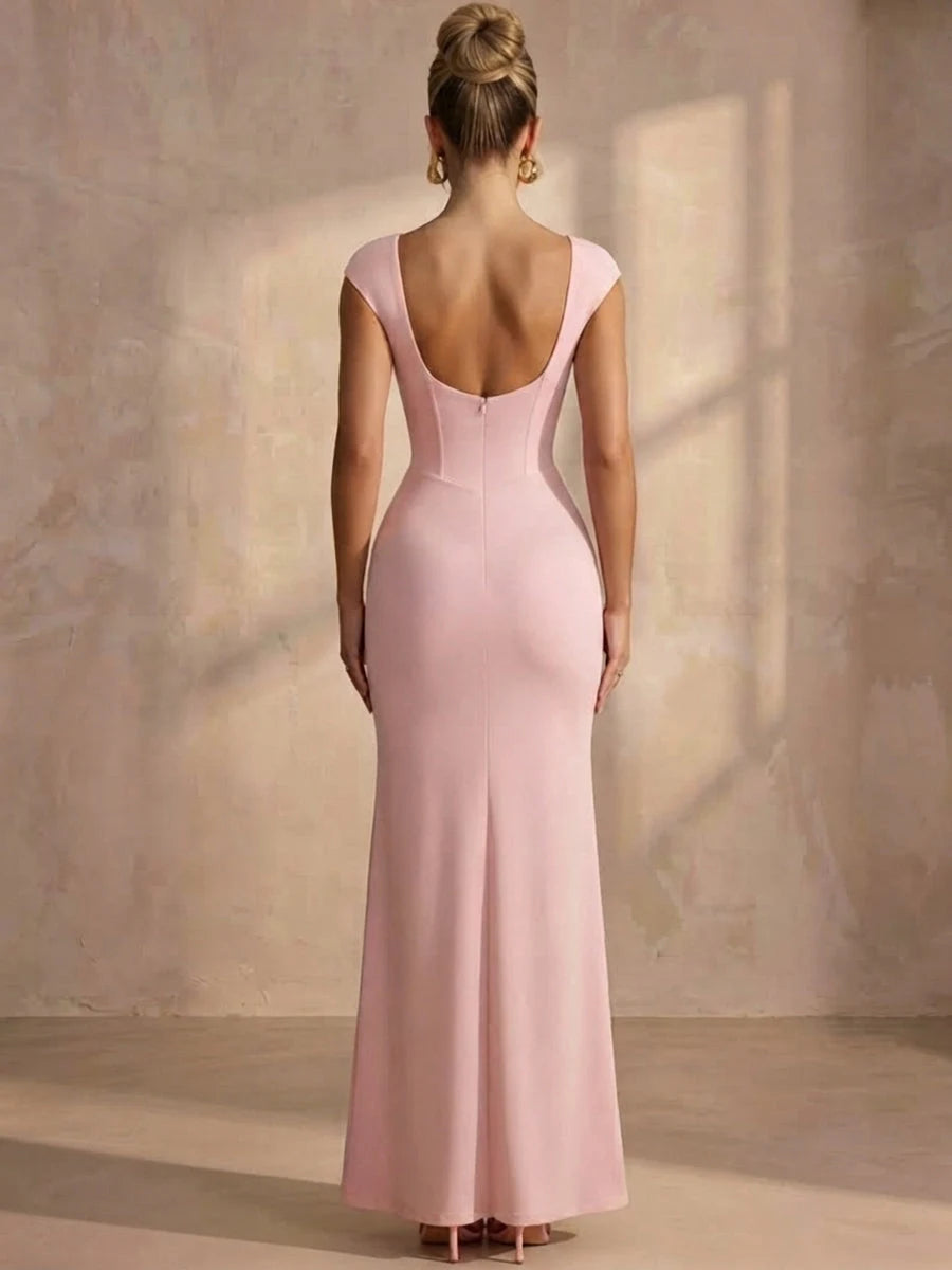 Elegant Fitted Sweetheart Cap-Sleeve Draped Slit Pink Long Prom Dresses Gown