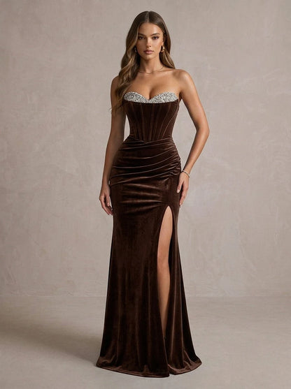 Elegant Fitted Sweetheart Sleeveless Corset Slit Brown Maxi Prom Dresses Womens Gown