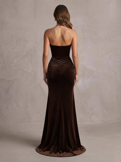 Elegant Fitted Sweetheart Sleeveless Corset Slit Brown Maxi Prom Dresses Womens Gown