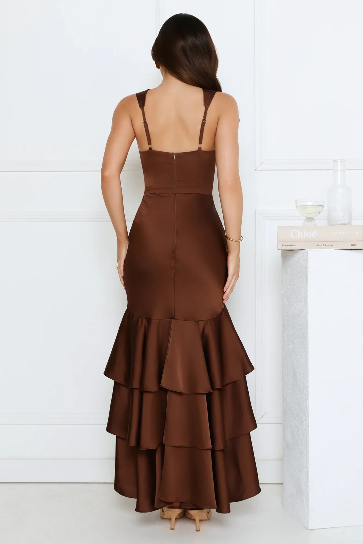 Elegant Fitted Sweetheart Sleeveless High-Low Tiered Chocolate Brown Prom Dress for Women