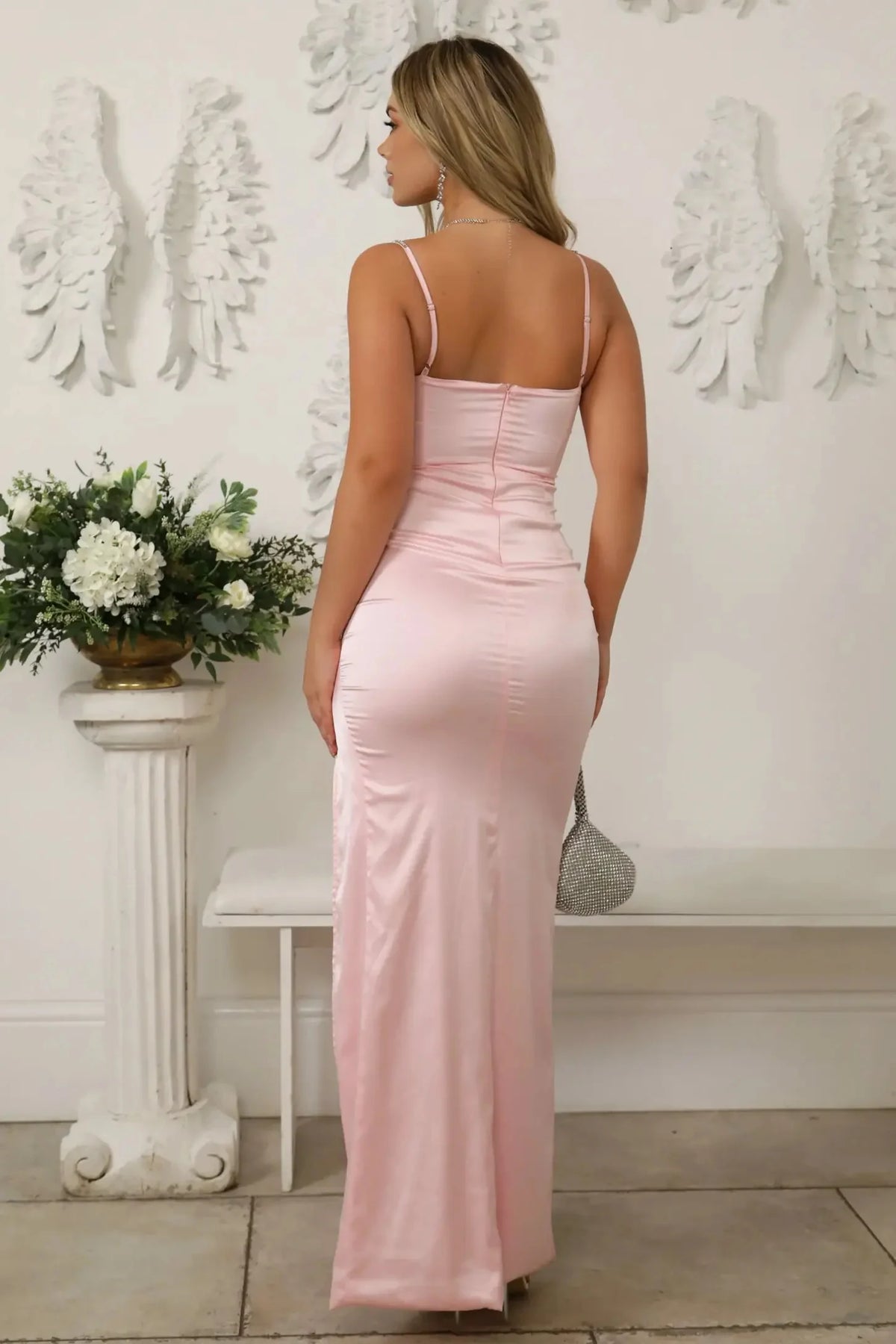 Elegant Fitted Sweetheart Sleeveless Ruched Slit Pink Maxi Prom Dresses Gown