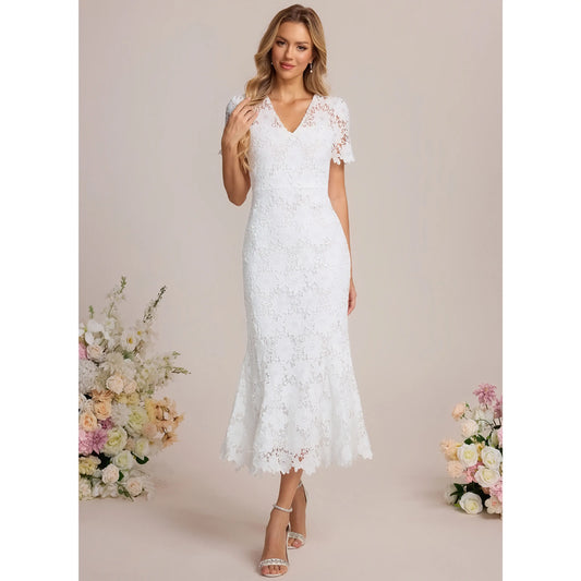 Elegant Fitted V-Neck Short Sleeve Lace White Midi Homecoming Dress for Women