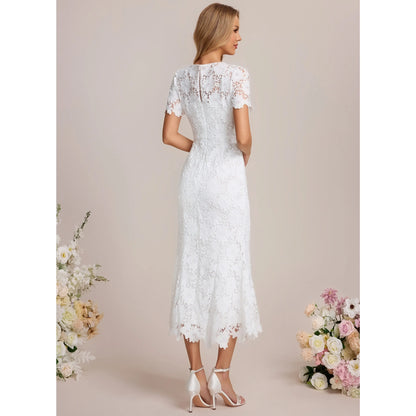 Elegant Fitted V-Neck Short Sleeve Lace White Midi Homecoming Dress for Women