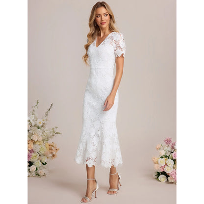 Elegant Fitted V-Neck Short Sleeve Lace White Midi Homecoming Dress for Women