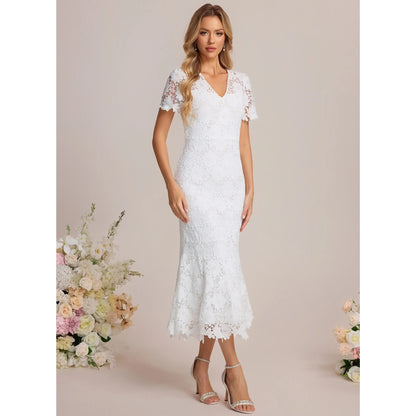 Elegant Fitted V-Neck Short Sleeve Lace White Midi Homecoming Dress for Women