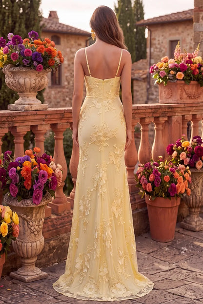 Elegant Floral Embroidered Mermaid Cowl Neck High Slit Yellow Long Prom Dress