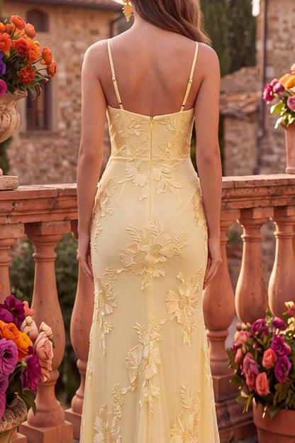 Elegant Floral Embroidered Mermaid Cowl Neck High Slit Yellow Long Prom Dress