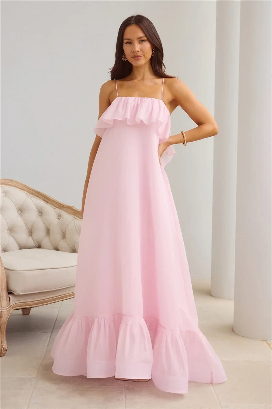 Elegant Flowy A-Line Ruffle Open Back Pastel Pink Maxi Prom Dress
