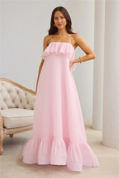 Elegant Flowy A-Line Ruffle Open Back Pastel Pink Maxi Prom Dress
