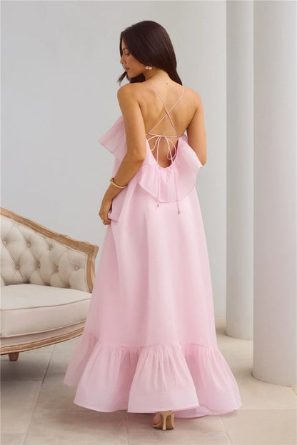 Elegant Flowy A-Line Ruffle Open Back Pastel Pink Maxi Prom Dress