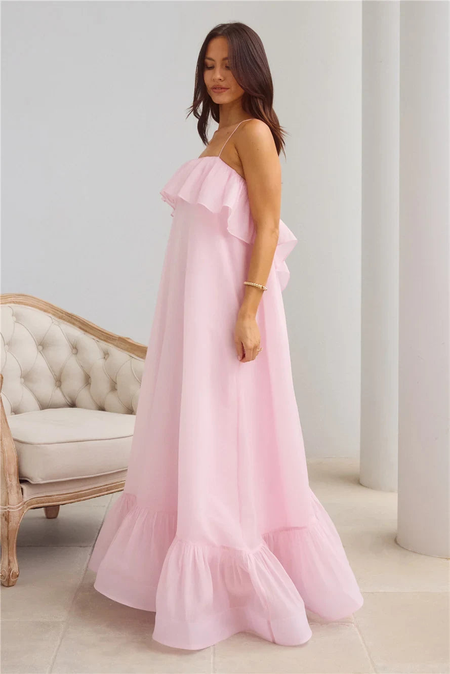 Elegant Flowy A-Line Ruffle Open Back Pastel Pink Maxi Prom Dress