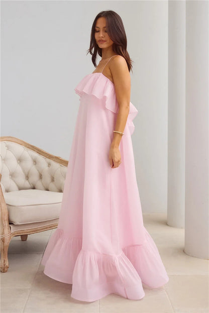 Elegant Flowy A-Line Ruffle Open Back Pastel Pink Maxi Prom Dress