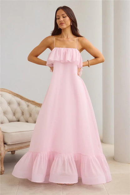 Elegant Flowy A-Line Ruffle Open Back Pastel Pink Maxi Prom Dress