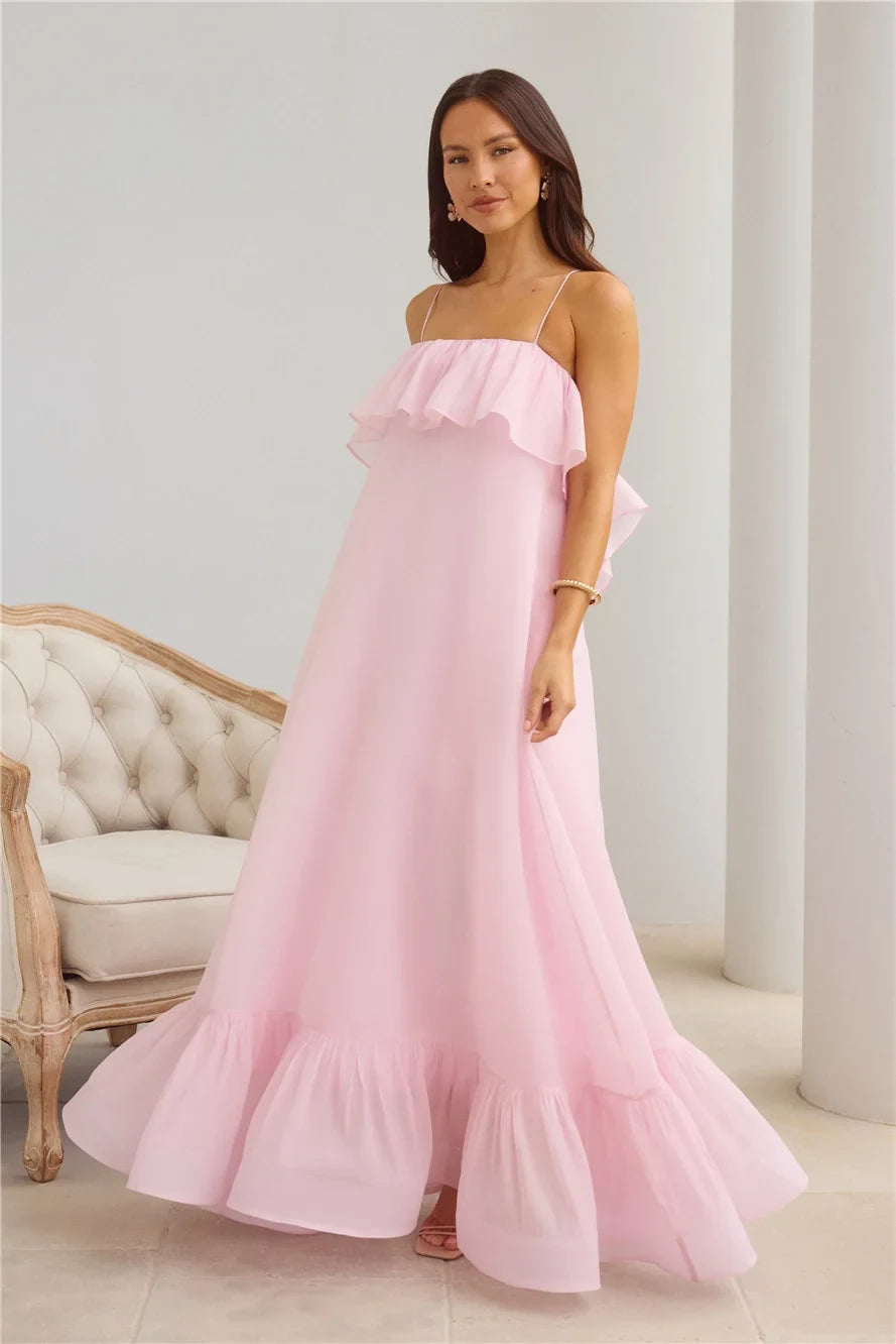 Elegant Flowy A-Line Ruffle Open Back Pastel Pink Maxi Prom Dress