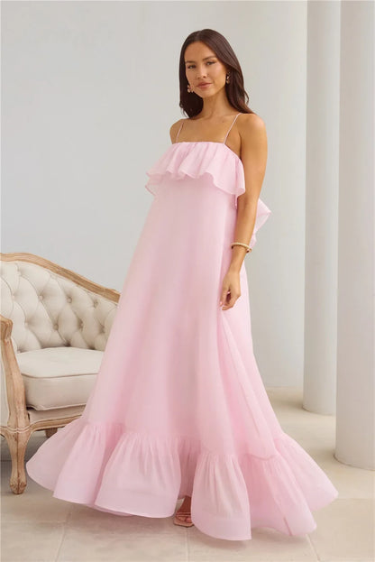 Elegant Flowy A-Line Ruffle Open Back Pastel Pink Maxi Prom Dress