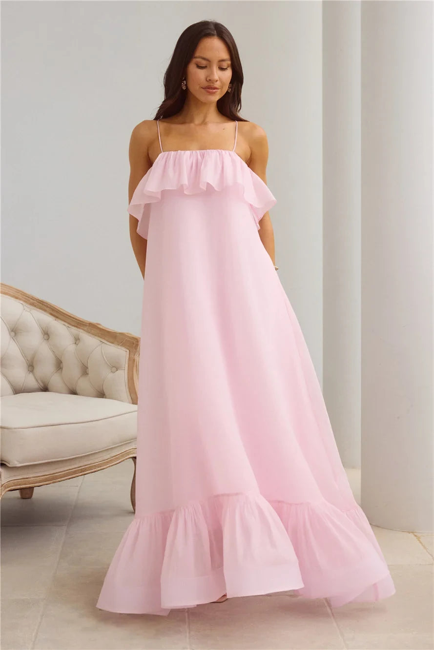 Elegant Flowy A-Line Ruffle Open Back Pastel Pink Maxi Prom Dress