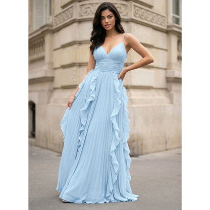 Elegant Flowy A-Line V-Neck Sleeveless Pleated Ruffle Sky Blue Prom Gown