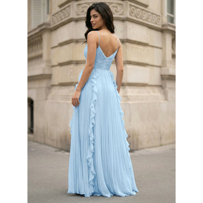 Elegant Flowy A-Line V-Neck Sleeveless Pleated Ruffle Sky Blue Prom Gown