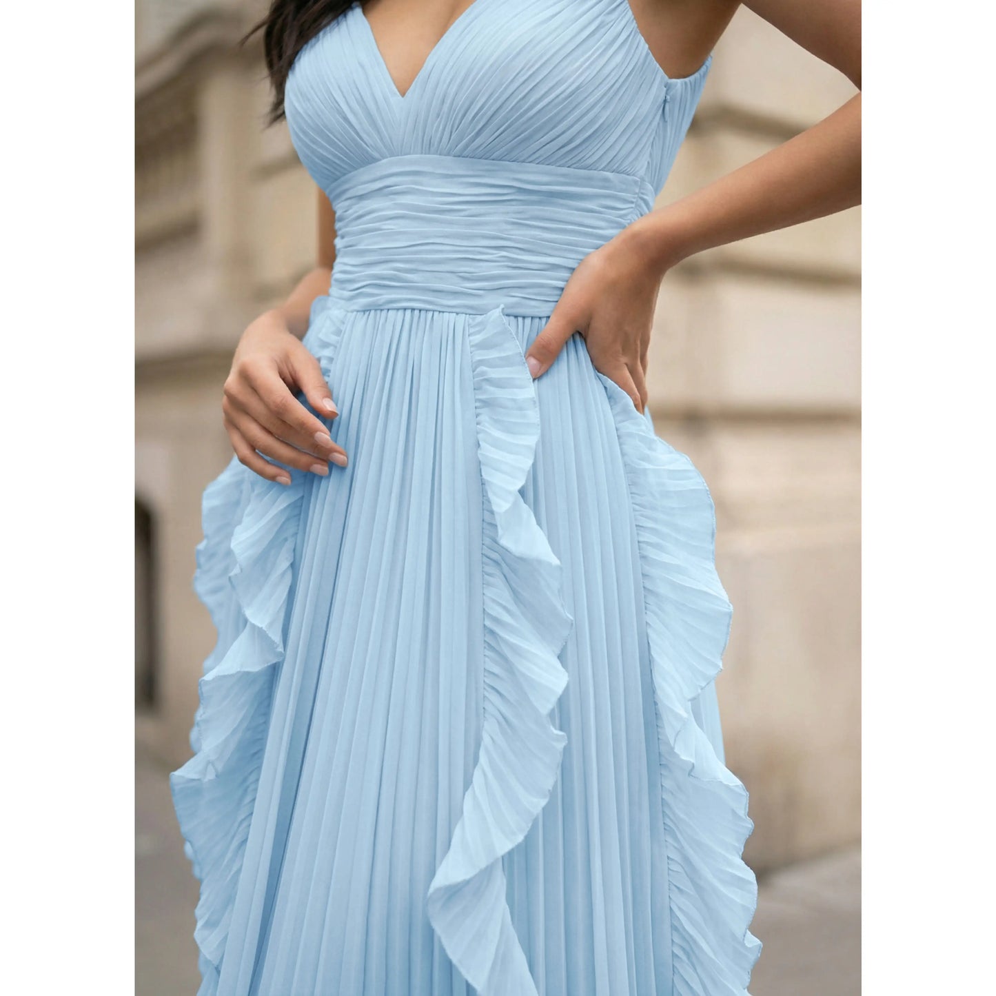 Elegant Flowy A-Line V-Neck Sleeveless Pleated Ruffle Sky Blue Prom Gown