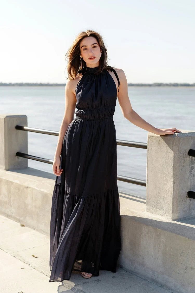 Elegant Flowy Halter Sleeveless Tiered Ruched Navy Maxi Bridesmaid Dress
