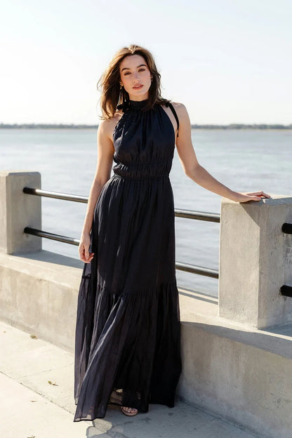 Elegant Flowy Halter Sleeveless Tiered Ruched Navy Maxi Bridesmaid Dress