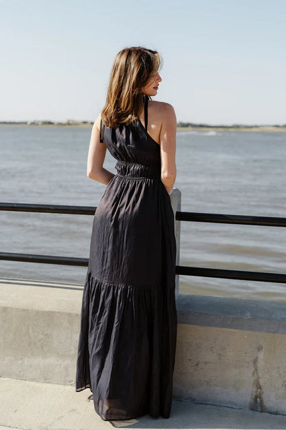Elegant Flowy Halter Sleeveless Tiered Ruched Navy Maxi Bridesmaid Dress