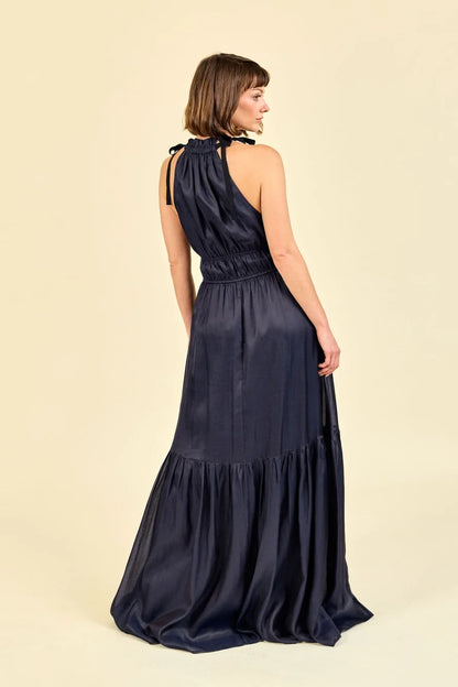 Elegant Flowy Halter Sleeveless Tiered Ruched Navy Maxi Bridesmaid Dress