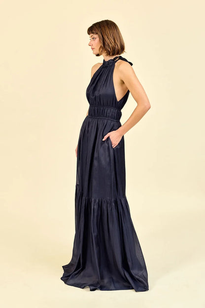 Elegant Flowy Halter Sleeveless Tiered Ruched Navy Maxi Bridesmaid Dress