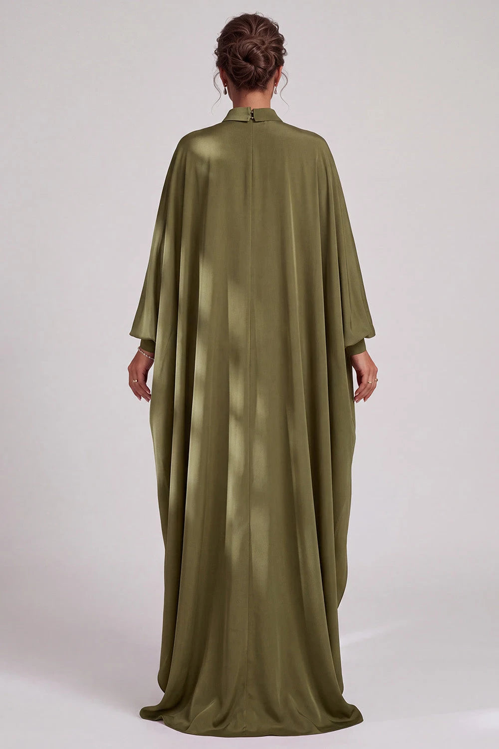 Elegant Flowy High-Neck Long-Sleeve Modest Chic Olive Green Floor-Length Prom Dress for Women