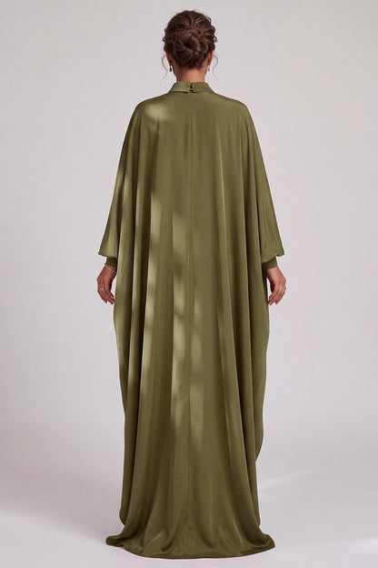 Elegant Flowy High-Neck Long-Sleeve Modest Chic Olive Green Floor-Length Prom Dress for Women