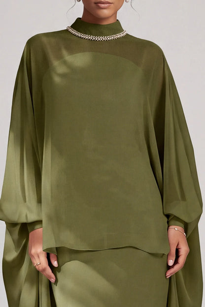 Elegant Flowy High-Neck Long-Sleeve Modest Chic Olive Green Floor-Length Prom Dress for Women