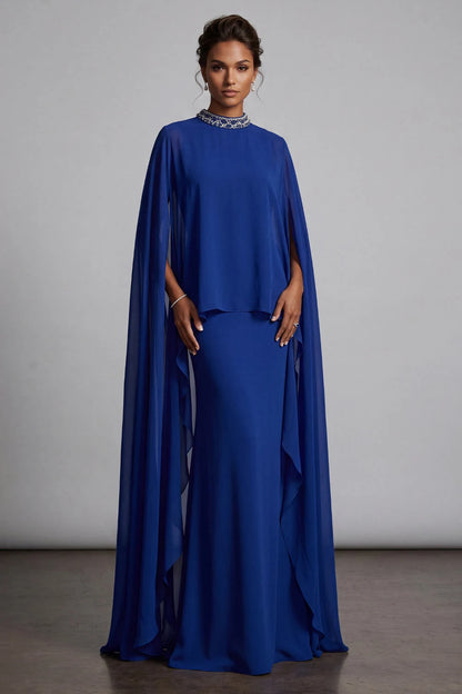 Elegant Flowy High Neck Cape Sleeve Beaded Royal Blue Floor-Length Prom Gown