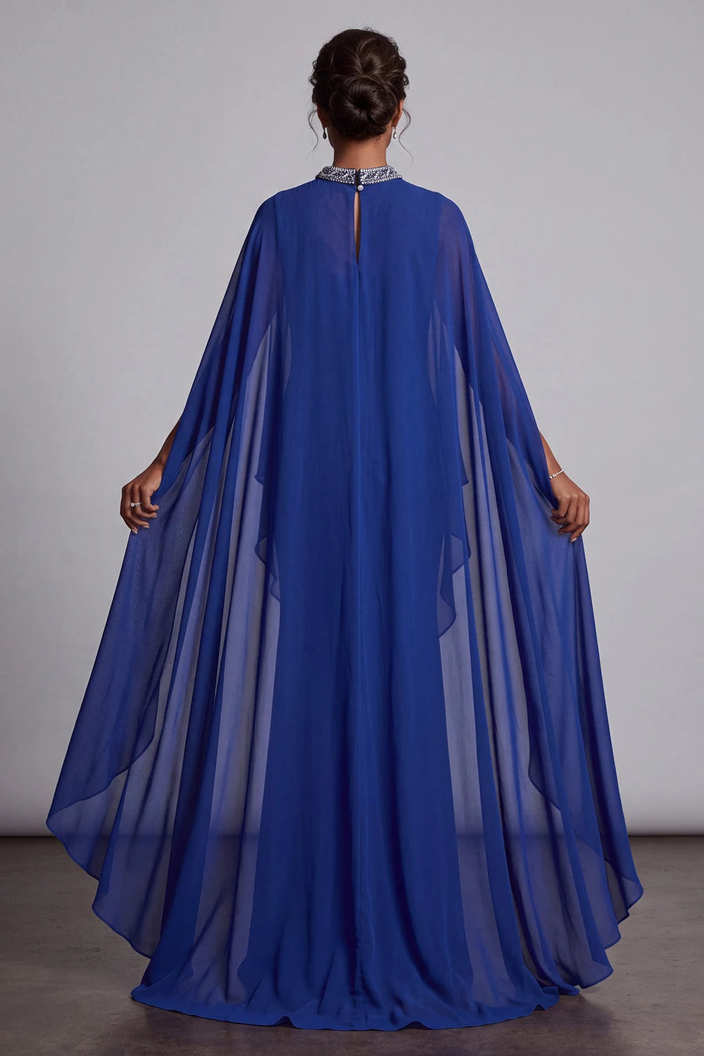 Elegant Flowy High Neck Cape Sleeve Beaded Royal Blue Floor-Length Prom Gown