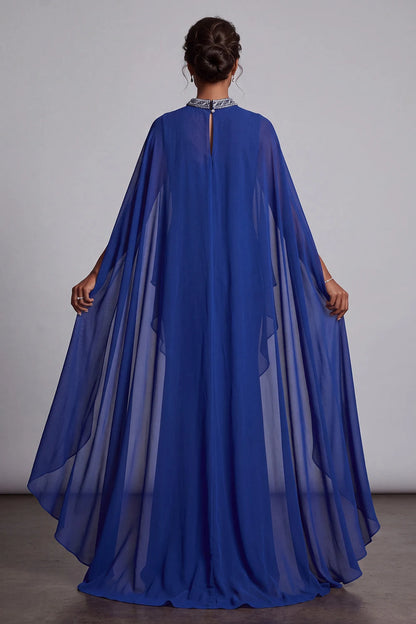 Elegant Flowy High Neck Cape Sleeve Beaded Royal Blue Floor-Length Prom Gown