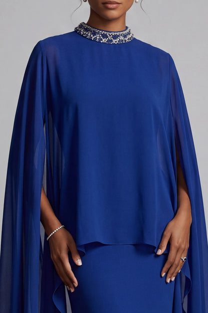 Elegant Flowy High Neck Cape Sleeve Beaded Royal Blue Floor-Length Prom Gown
