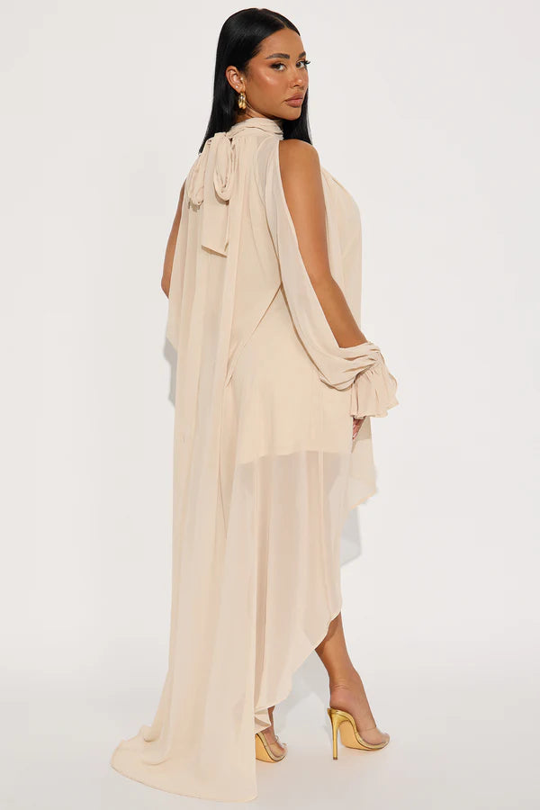 Elegant Flowy High Neck Cold Shoulder Chic Bohemian Beige High-Low Women's Prom Gown