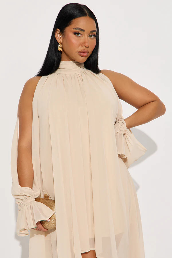 Elegant Flowy High Neck Cold Shoulder Chic Bohemian Beige High-Low Women's Prom Gown